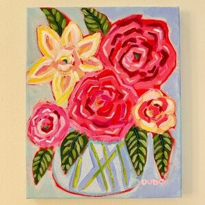 Original Painting Abstract Flowers Water Vase Stems Colorful 8 x 10" Canvas